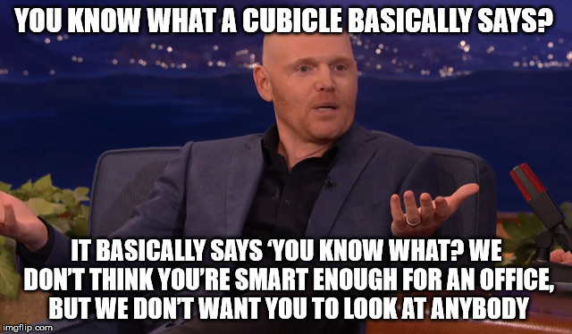 Bill Burr - Offices | YOU KNOW WHAT A CUBICLE BASICALLY SAYS? IT BASICALLY SAYS ‘YOU KNOW WHAT? WE DON’T THINK YOU’RE SMART ENOUGH FOR AN OFFICE, BUT WE DON’T WANT YOU TO LOOK AT ANYBODY | image tagged in bill burr funny,office | made w/ Imgflip meme maker