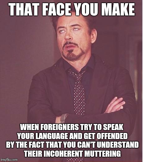 I'm not naming names... Finland. | THAT FACE YOU MAKE; WHEN FOREIGNERS TRY TO SPEAK YOUR LANGUAGE AND GET OFFENDED BY THE FACT THAT YOU CAN'T UNDERSTAND THEIR INCOHERENT MUTTERING | image tagged in memes,face you make robert downey jr | made w/ Imgflip meme maker