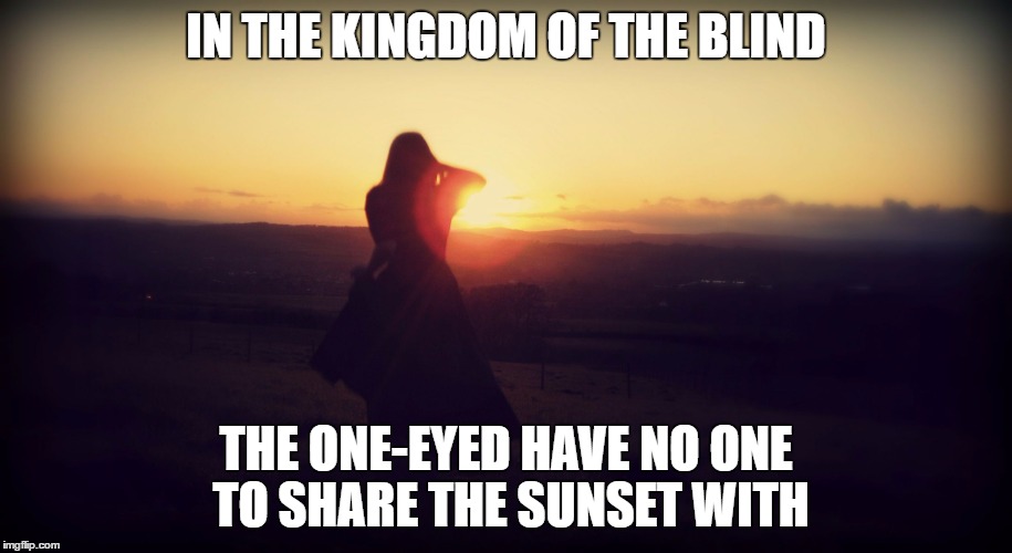 IN THE KINGDOM OF THE BLIND; THE ONE-EYED HAVE NO ONE TO SHARE THE SUNSET WITH | image tagged in solosunset | made w/ Imgflip meme maker