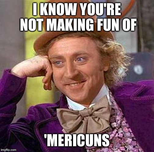Creepy Condescending Wonka Meme | I KNOW YOU'RE NOT MAKING FUN OF 'MERICUNS | image tagged in memes,creepy condescending wonka | made w/ Imgflip meme maker