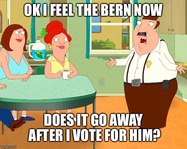 OK I FEEL THE BERN NOW; DOES IT GO AWAY AFTER I VOTE FOR HIM? | image tagged in bordertown | made w/ Imgflip meme maker