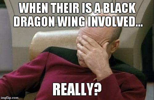 Captain Picard Facepalm Meme | WHEN THEIR IS A BLACK DRAGON WING INVOLVED... REALLY? | image tagged in memes,captain picard facepalm | made w/ Imgflip meme maker