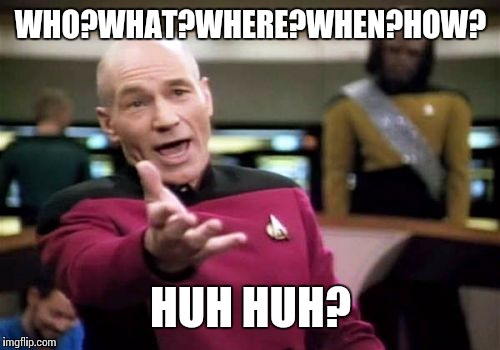 Picard Wtf Meme | WHO?WHAT?WHERE?WHEN?HOW? HUH HUH? | image tagged in memes,picard wtf | made w/ Imgflip meme maker