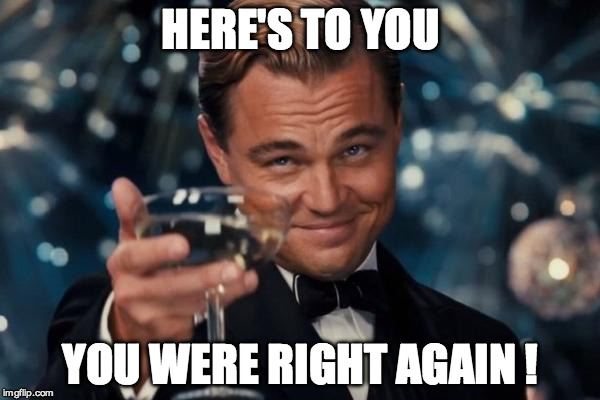 Leonardo Dicaprio Cheers Meme | HERE'S TO YOU; YOU WERE RIGHT AGAIN ! | image tagged in memes,leonardo dicaprio cheers | made w/ Imgflip meme maker