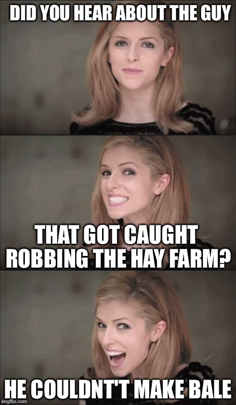 Bad Pun Anna Kendrick Meme | DID YOU HEAR ABOUT THE GUY; THAT GOT CAUGHT ROBBING THE HAY FARM? HE COULDNT'T MAKE BALE | image tagged in memes,bad pun anna kendrick | made w/ Imgflip meme maker