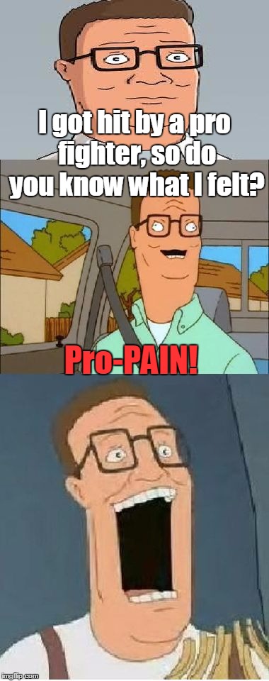 Bad Pun Hank Hill | I got hit by a pro fighter, so do you know what I felt? Pro-PAIN! | image tagged in bad pun hank hill,memes,propane,fight,pro,pain | made w/ Imgflip meme maker