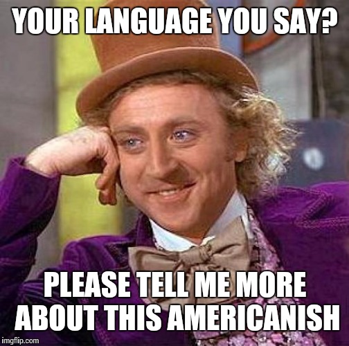 Creepy Condescending Wonka Meme | YOUR LANGUAGE YOU SAY? PLEASE TELL ME MORE ABOUT THIS AMERICANISH | image tagged in memes,creepy condescending wonka | made w/ Imgflip meme maker