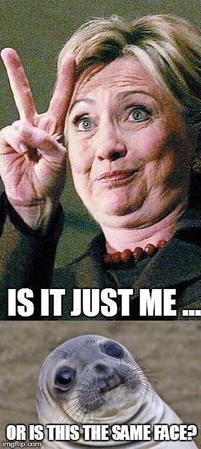 Awkward Moment She's-lyin' ? | IS IT JUST ME ... OR IS THIS THE SAME FACE? | image tagged in hillary clinton 2016,awkward moment sealion,funny memes,twins | made w/ Imgflip meme maker