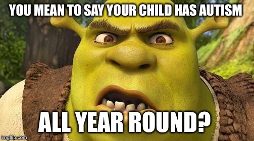 Shrek autism | YOU MEAN TO SAY YOUR CHILD HAS AUTISM; ALL YEAR ROUND? | image tagged in shrek autism | made w/ Imgflip meme maker