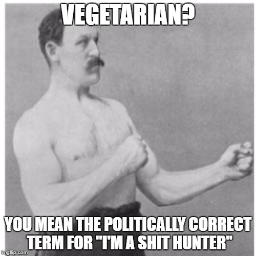 Overly Manly Man | VEGETARIAN? YOU MEAN THE POLITICALLY CORRECT TERM FOR "I'M A SHIT HUNTER" | image tagged in memes,overly manly man,vegetarian,hunting | made w/ Imgflip meme maker