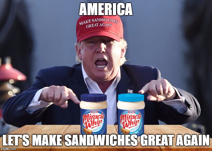 miracle whip trump | AMERICA; LET'S MAKE SANDWICHES GREAT AGAIN | image tagged in memes,funny,donald trump,miracle whip,sandwiches are beautiful | made w/ Imgflip meme maker