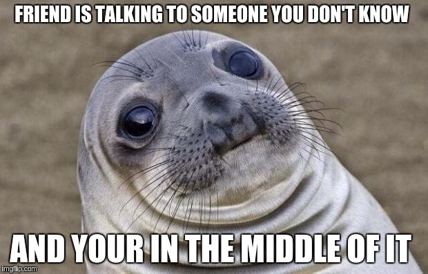 Awkward Moment Sealion Meme | FRIEND IS TALKING TO SOMEONE YOU DON'T KNOW; AND YOUR IN THE MIDDLE OF IT | image tagged in memes,awkward moment sealion | made w/ Imgflip meme maker