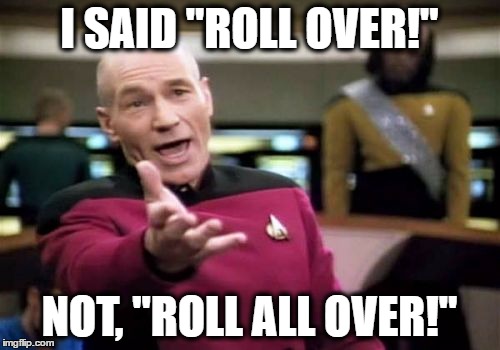 Picard Wtf Meme | I SAID "ROLL OVER!" NOT, "ROLL ALL OVER!" | image tagged in memes,picard wtf | made w/ Imgflip meme maker