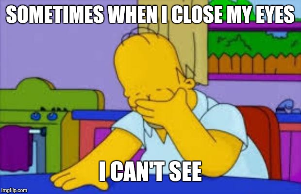 Eyes closed |  SOMETIMES WHEN I CLOSE MY EYES; I CAN'T SEE | image tagged in homer facepalm | made w/ Imgflip meme maker