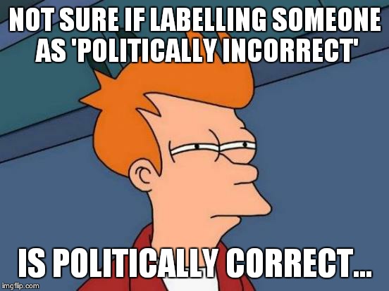 Futurama Fry | NOT SURE IF LABELLING SOMEONE AS 'POLITICALLY INCORRECT'; IS POLITICALLY CORRECT... | image tagged in memes,futurama fry | made w/ Imgflip meme maker
