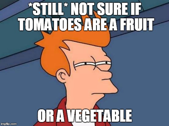 The debate continues... | *STILL* NOT SURE IF TOMATOES ARE A FRUIT; OR A VEGETABLE | image tagged in memes,futurama fry | made w/ Imgflip meme maker