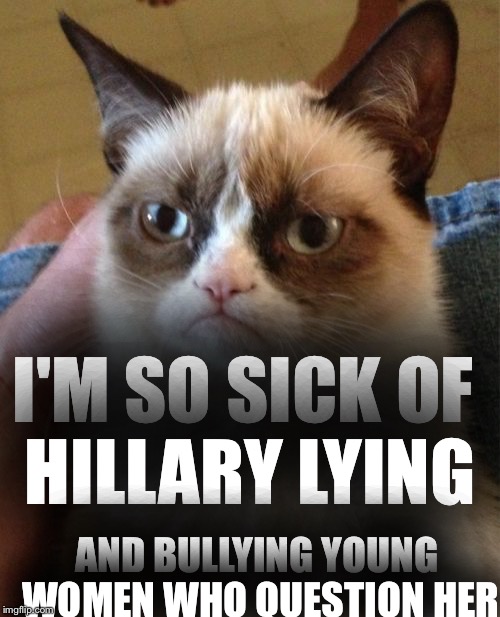 Grumpy Cat Meme | I'M SO SICK OF HILLARY LYING; AND BULLYING YOUNG WOMEN WHO QUESTION HER | image tagged in memes,grumpy cat | made w/ Imgflip meme maker