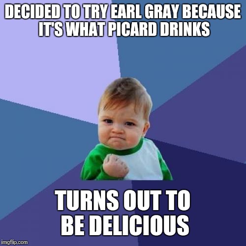 Success Kid Meme | DECIDED TO TRY EARL GRAY BECAUSE IT'S WHAT PICARD DRINKS; TURNS OUT TO BE DELICIOUS | image tagged in memes,success kid | made w/ Imgflip meme maker