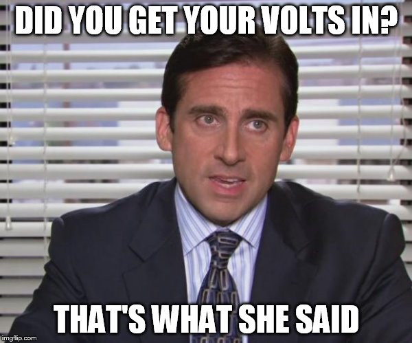Michael Scott | DID YOU GET YOUR VOLTS IN? THAT'S WHAT SHE SAID | image tagged in michael scott | made w/ Imgflip meme maker