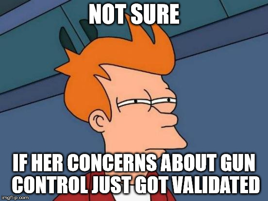 Futurama Fry Meme | NOT SURE IF HER CONCERNS ABOUT GUN CONTROL JUST GOT VALIDATED | image tagged in memes,futurama fry | made w/ Imgflip meme maker