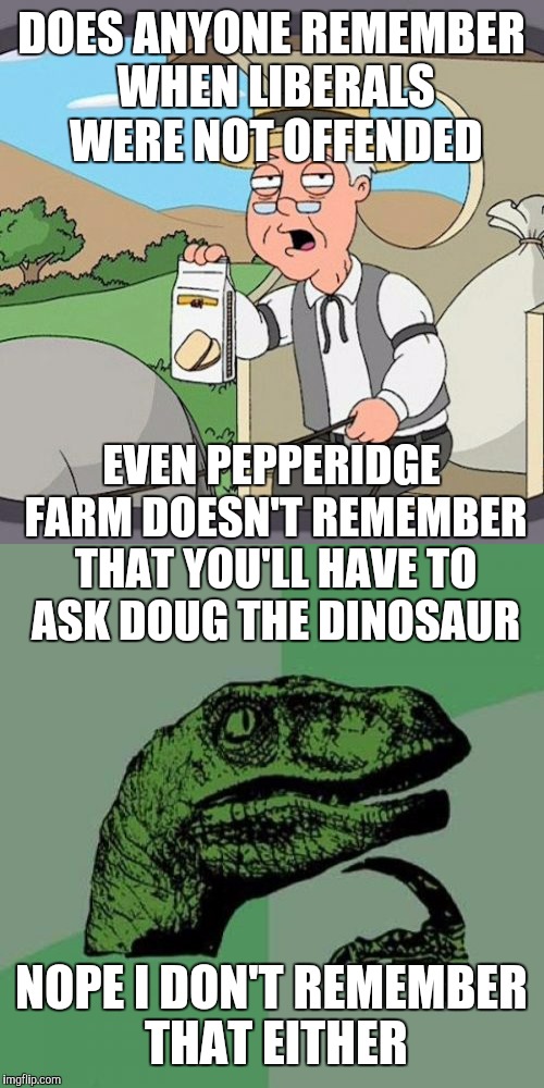 Liberals | DOES ANYONE REMEMBER WHEN LIBERALS WERE NOT OFFENDED; EVEN PEPPERIDGE FARM DOESN'T REMEMBER THAT YOU'LL HAVE TO ASK DOUG THE DINOSAUR; NOPE I DON'T REMEMBER THAT EITHER | image tagged in funny memes | made w/ Imgflip meme maker