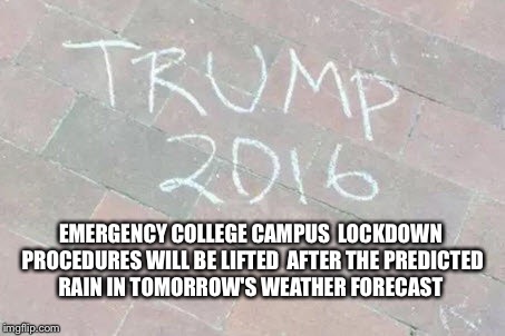 Washed Out College Students  | EMERGENCY COLLEGE CAMPUS  LOCKDOWN PROCEDURES WILL BE LIFTED  AFTER THE PREDICTED RAIN IN TOMORROW'S WEATHER FORECAST | image tagged in college liberal,college,trump,microaggression,political meme,feelings | made w/ Imgflip meme maker