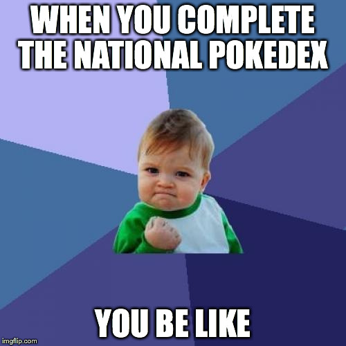 Success Kid Meme | WHEN YOU COMPLETE THE NATIONAL POKEDEX; YOU BE LIKE | image tagged in memes,success kid | made w/ Imgflip meme maker