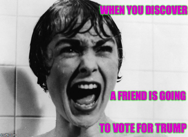 Scream | WHEN YOU DISCOVER; A FRIEND IS GOING; TO VOTE FOR TRUMP | image tagged in psycho,movie,scary movie,election 2016,donald trump | made w/ Imgflip meme maker