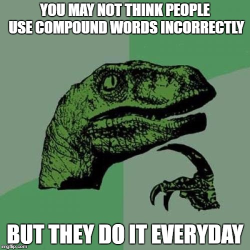 Philosoraptor | YOU MAY NOT THINK PEOPLE USE COMPOUND WORDS INCORRECTLY; BUT THEY DO IT EVERYDAY | image tagged in memes,philosoraptor | made w/ Imgflip meme maker