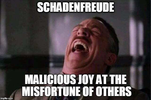 JJJ Laugh |  SCHADENFREUDE; MALICIOUS JOY AT THE MISFORTUNE OF OTHERS | image tagged in jjj laugh | made w/ Imgflip meme maker