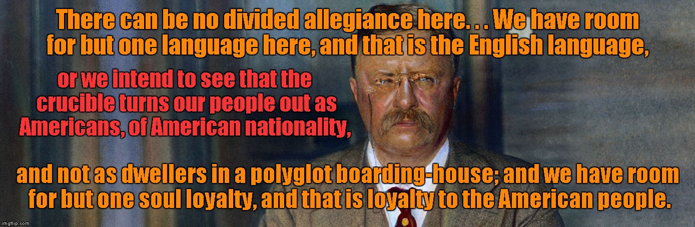 Teddy Roosevelt on Immigration | There can be no divided allegiance here. . . We have room for but one language here, and that is the English language, or we intend to see that the crucible turns our people out as Americans, of American nationality, and not as dwellers in a polyglot boarding-house; and we have room for but one soul loyalty, and that is loyalty to the American people. | image tagged in teddy roosevelt,immigration | made w/ Imgflip meme maker