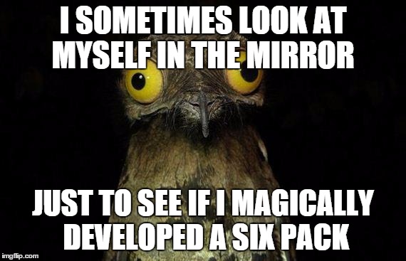 Weird Stuff I Do Potoo Meme | I SOMETIMES LOOK AT MYSELF IN THE MIRROR; JUST TO SEE IF I MAGICALLY DEVELOPED A SIX PACK | image tagged in memes,weird stuff i do potoo | made w/ Imgflip meme maker