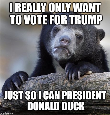 Confession Bear | I REALLY ONLY WANT TO VOTE FOR TRUMP; JUST SO I CAN PRESIDENT DONALD DUCK | image tagged in memes,confession bear | made w/ Imgflip meme maker