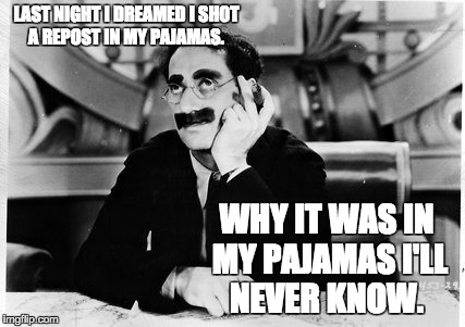 Groucho | LAST NIGHT I DREAMED I SHOT A REPOST IN MY PAJAMAS. WHY IT WAS IN MY PAJAMAS I'LL NEVER KNOW. | image tagged in groucho | made w/ Imgflip meme maker