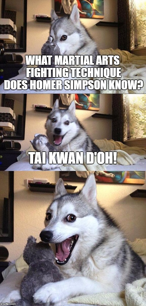 Bad Pun Dog Meme | WHAT MARTIAL ARTS FIGHTING TECHNIQUE DOES HOMER SIMPSON KNOW? TAI KWAN D'OH! | image tagged in memes,bad pun dog | made w/ Imgflip meme maker