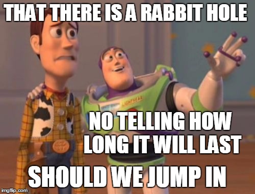 X, X Everywhere Meme | THAT THERE IS A RABBIT HOLE SHOULD WE JUMP IN NO TELLING HOW LONG IT WILL LAST | image tagged in memes,x x everywhere | made w/ Imgflip meme maker