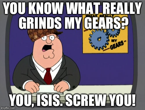 Maximum butthurt achieved. | YOU KNOW WHAT REALLY GRINDS MY GEARS? YOU, ISIS. SCREW YOU! | image tagged in memes,peter griffin news,scumbag | made w/ Imgflip meme maker
