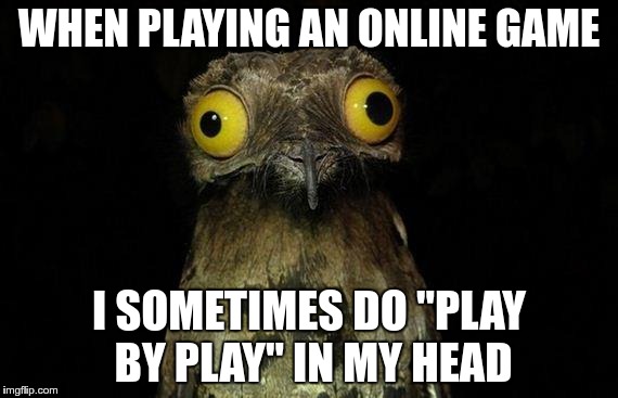 Only when I've had a few drinks | WHEN PLAYING AN ONLINE GAME; I SOMETIMES DO "PLAY BY PLAY" IN MY HEAD | image tagged in memes,weird stuff i do potoo | made w/ Imgflip meme maker