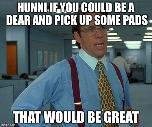 That Would Be Great Meme | HUNNI IF YOU COULD BE A DEAR AND PICK UP SOME PADS THAT WOULD BE GREAT | image tagged in memes,that would be great | made w/ Imgflip meme maker