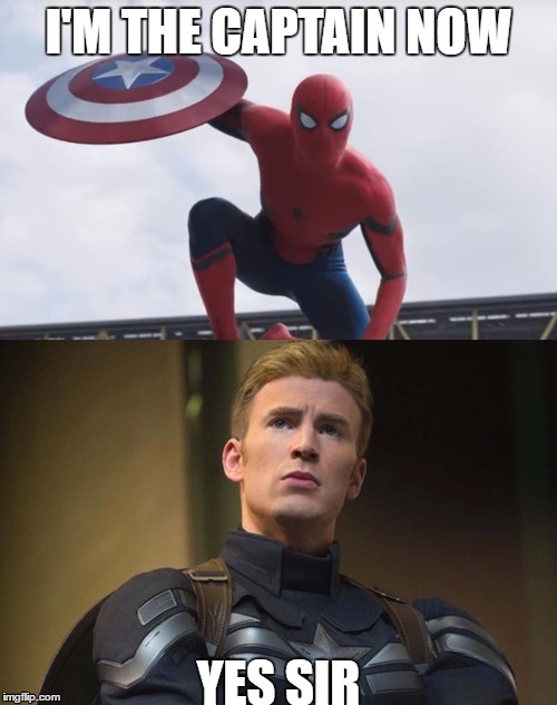 I'M THE CAPTAIN NOW; YES SIR | image tagged in captain america,spiderman,captain america civil war | made w/ Imgflip meme maker