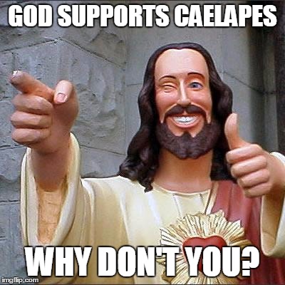 Buddy Christ Meme | GOD SUPPORTS CAELAPES; WHY DON'T YOU? | image tagged in memes,buddy christ | made w/ Imgflip meme maker