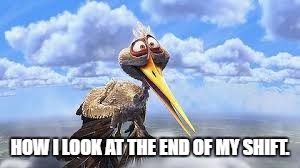 HOW I LOOK AT THE END OF MY SHIFT. | image tagged in stork | made w/ Imgflip meme maker