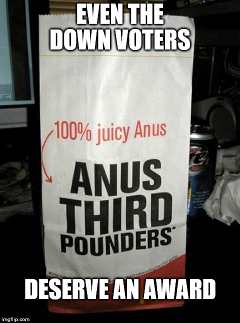 An award for the down voters  | EVEN THE DOWN VOTERS; DESERVE AN AWARD | image tagged in anus burger,memes,burger | made w/ Imgflip meme maker