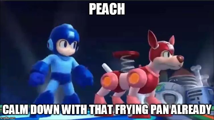 Megaman and Rush | PEACH CALM DOWN WITH THAT FRYING PAN ALREADY | image tagged in megaman and rush | made w/ Imgflip meme maker