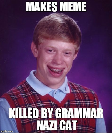 Bad Luck Brian Meme | MAKES MEME KILLED BY GRAMMAR NAZI CAT | image tagged in memes,bad luck brian | made w/ Imgflip meme maker