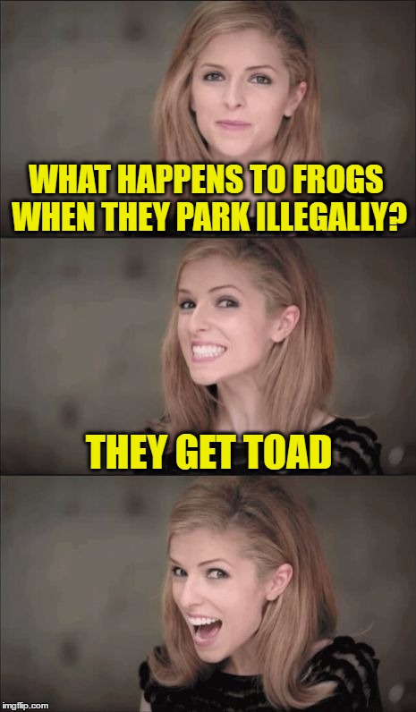 Bad Pun Anna Kendrick Meme | WHAT HAPPENS TO FROGS WHEN THEY PARK ILLEGALLY? THEY GET TOAD | image tagged in memes,bad pun anna kendrick | made w/ Imgflip meme maker
