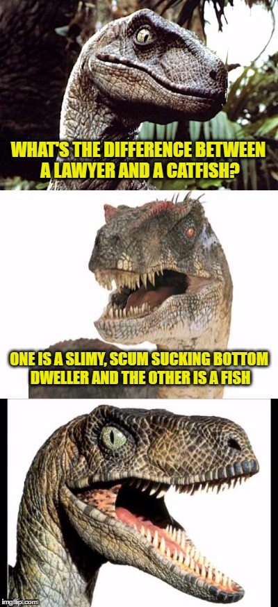 Bad Pun Phillosiraptor | WHAT'S THE DIFFERENCE BETWEEN A LAWYER AND A CATFISH? ONE IS A SLIMY, SCUM SUCKING BOTTOM DWELLER AND THE OTHER IS A FISH | image tagged in bad pun phillosiraptor | made w/ Imgflip meme maker