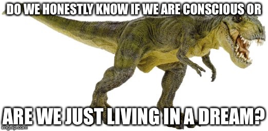 RexClaw's genius  | DO WE HONESTLY KNOW IF WE ARE CONSCIOUS OR; ARE WE JUST LIVING IN A DREAM? | image tagged in rexclaw's genius | made w/ Imgflip meme maker