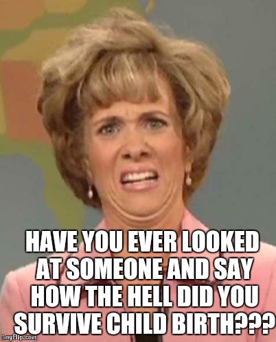 Disgusted Kristin Wiig | HAVE YOU EVER LOOKED AT SOMEONE AND SAY HOW THE HELL DID YOU SURVIVE CHILD BIRTH??? | image tagged in disgusted kristin wiig | made w/ Imgflip meme maker