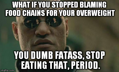 Matrix Morpheus | WHAT IF YOU STOPPED BLAMING FOOD CHAINS FOR YOUR OVERWEIGHT; YOU DUMB FATASS, STOP EATING THAT, PERIOD. | image tagged in memes,matrix morpheus | made w/ Imgflip meme maker